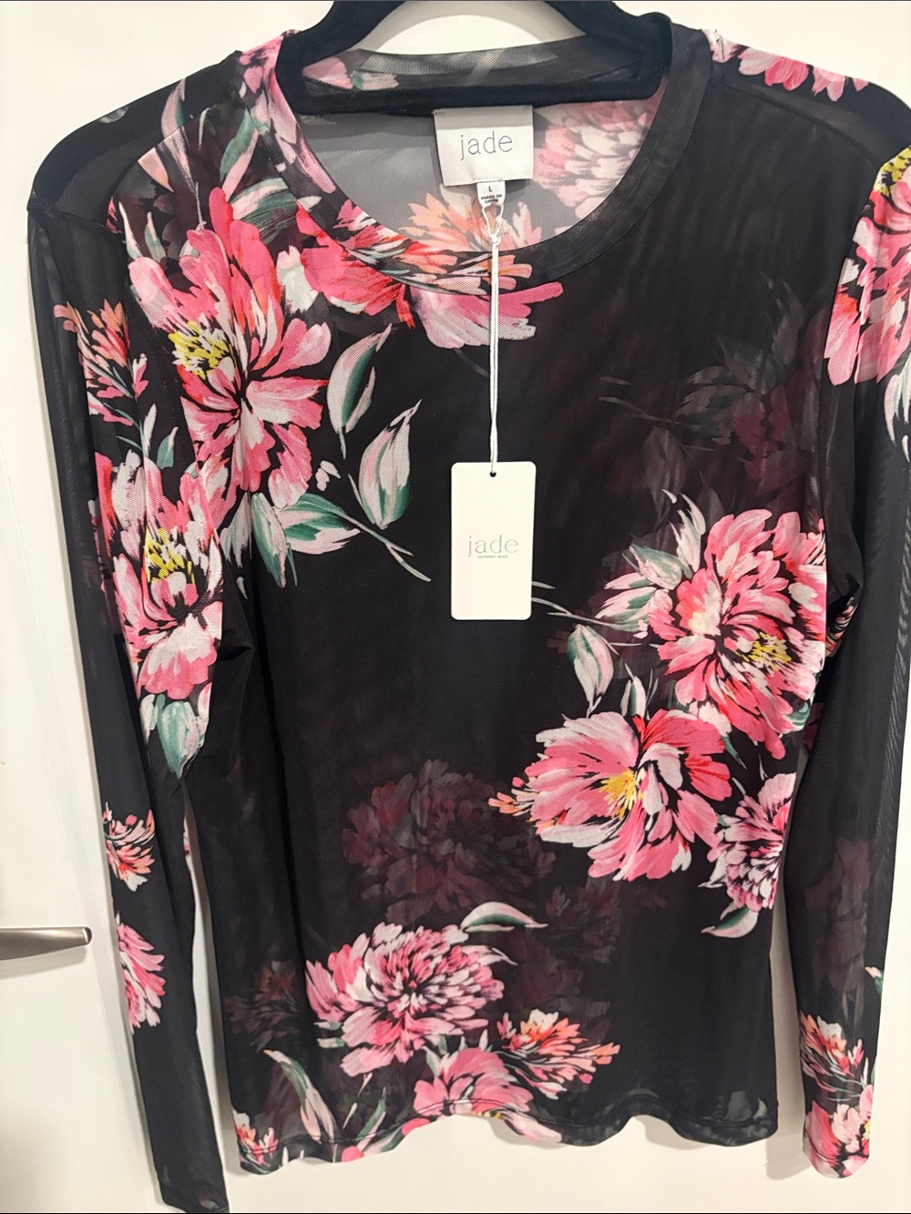 Jade Black Mesh Long-Sleeve Top with Pink Floral Print - Picture 2 of 4